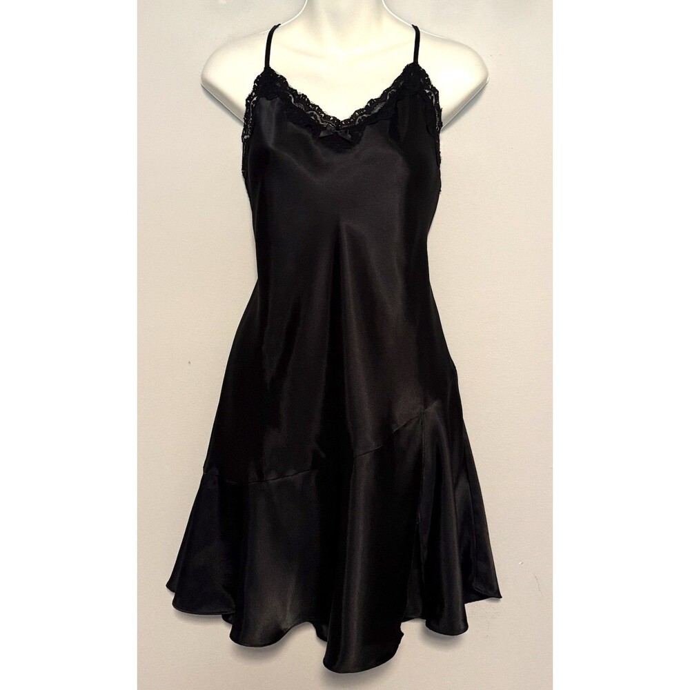 Vintage Delicates Chemise Slip Dress Sz Med Black Satin Lace Flounce Hem